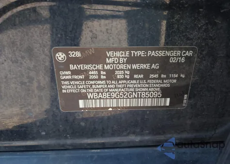 2016 BMW 328I from USA, damaged, VIN WBA8E9G52GNT85095